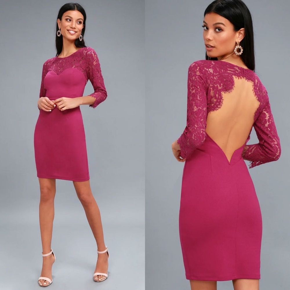 Lulus All the Stars Magenta Pink Lace Backless Bodycon Dress Size Medium